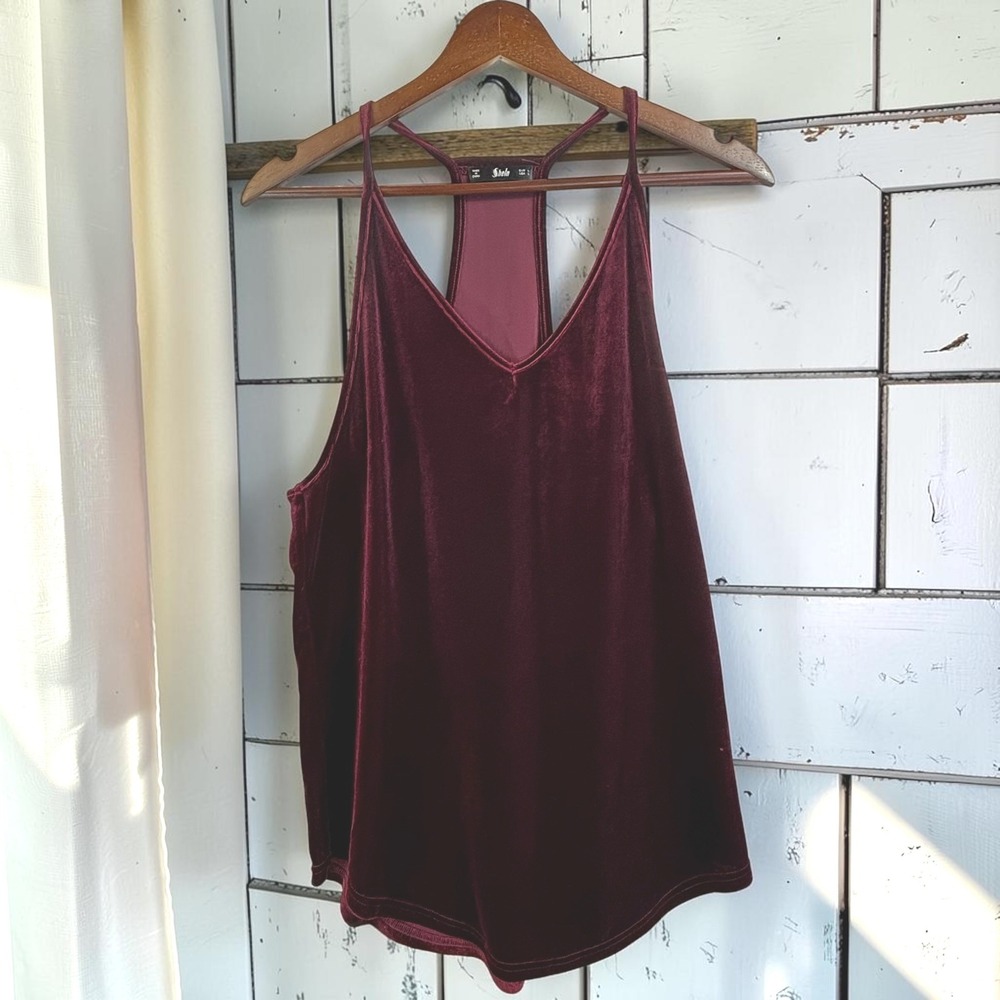 Velvet Tank Top Shein L Burgundy Polyester Spandex Racerback V-Neck Goth Witchy